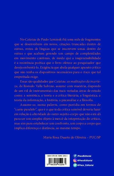 Catatau, as meditações da incerteza: Catatau, as meditações da incerteza Quarta Capa