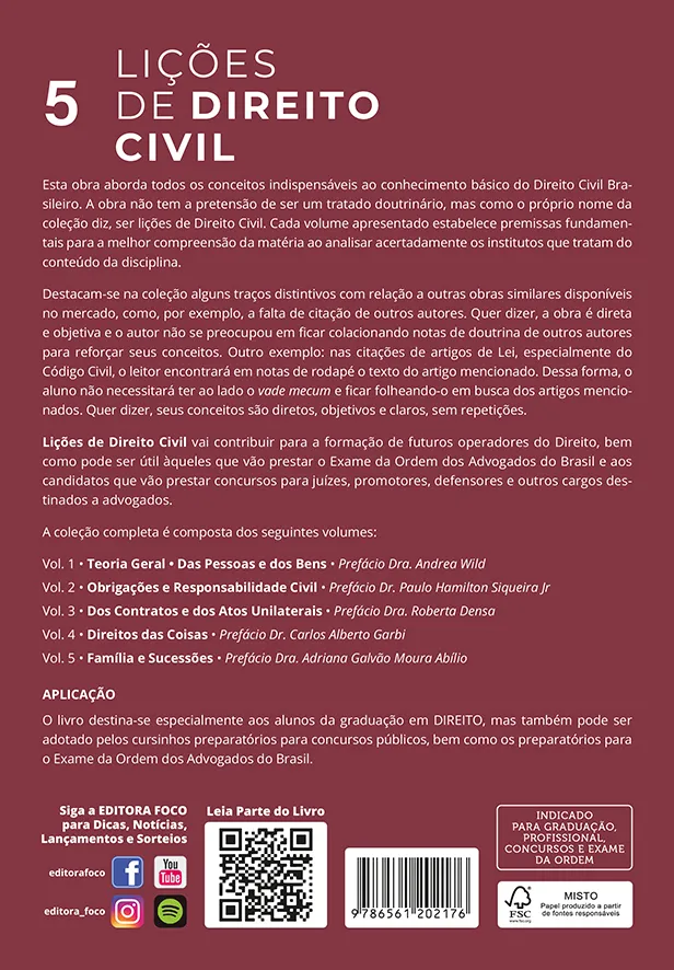 Lições de Direito Civil - Volume 5 - 6ª Ed - 2025: família e sucessões Lições de Direito Civil - Volume 5 - 6ª Ed - 2025 Quarta Capa
